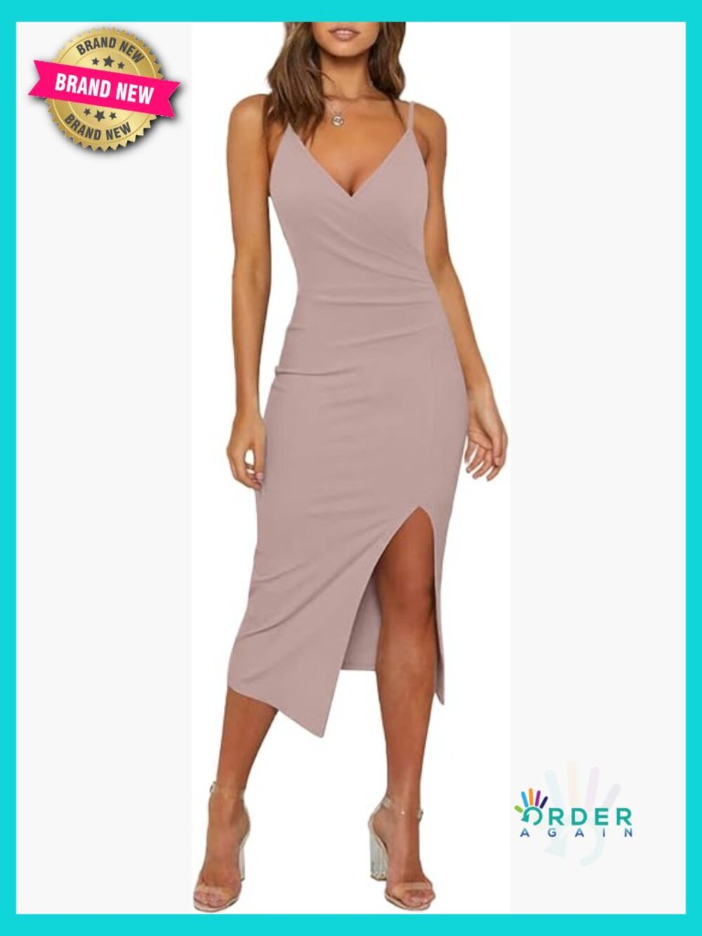 Fitted Bodycon Dress Spaghetti Strap V Neck Wrap Ruched Side Slit Cocktail Party